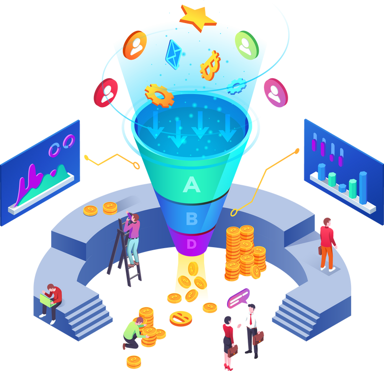 Isometric room with sale funnel generating sales
